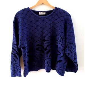 Vintage Chunky Chenille Sweater Womens XXL Blue 80s Grandpa‎ Soft Grunge Indie